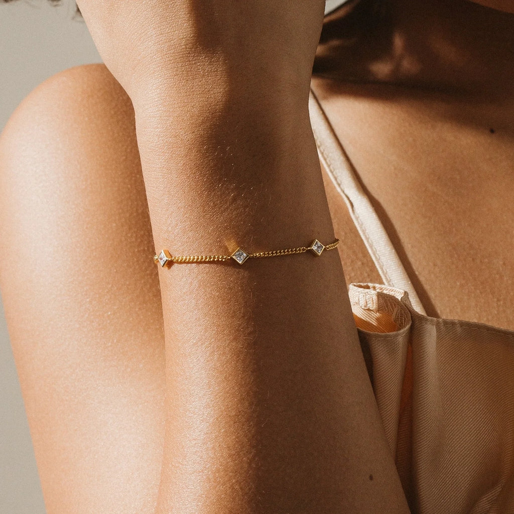 Diamond Station Bracelet Ring Silver 18K Gold Plated
