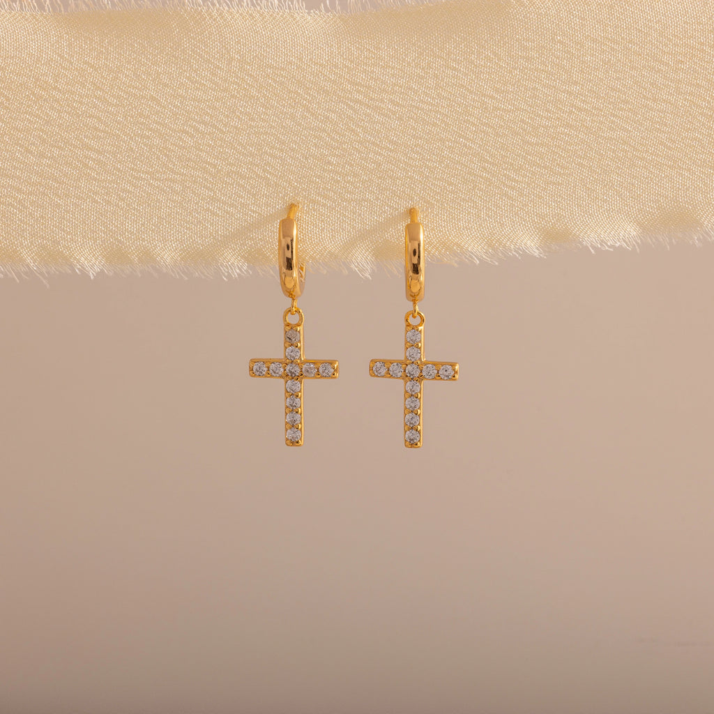 Diamond Pave Cross Hoops Silver 18K Gold Plated