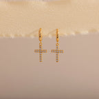 Diamond Pave Cross Hoops Silver 18K Gold Plated