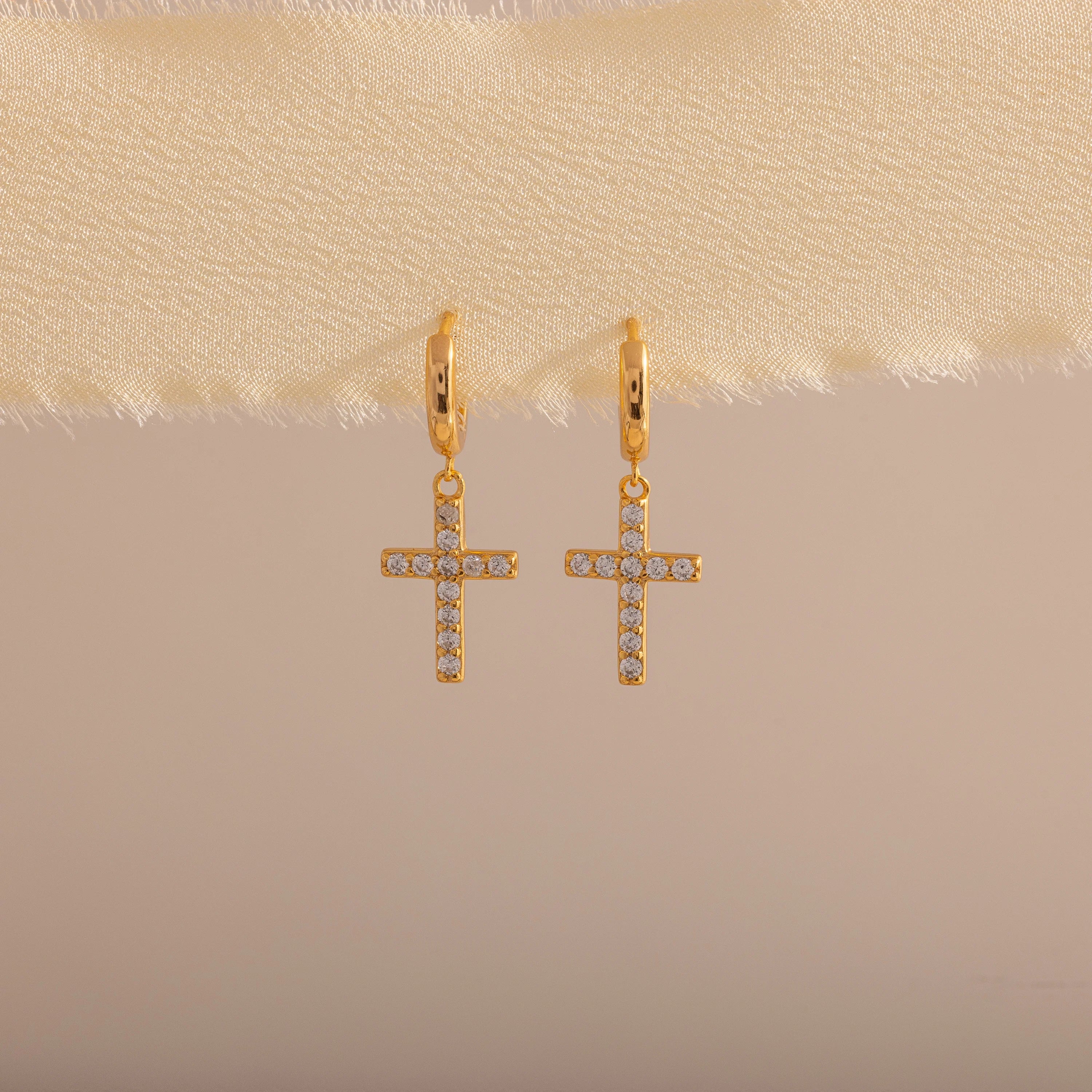 Diamond Pave Cross Hoops Silver 18K Gold Plated