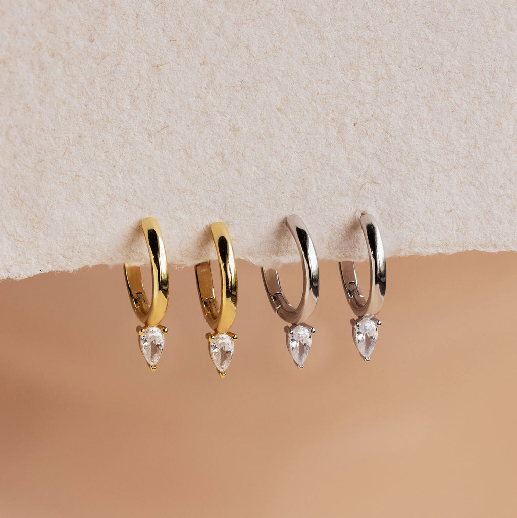 Pear Diamond Drop Hoops Silver 18K Gold Plated