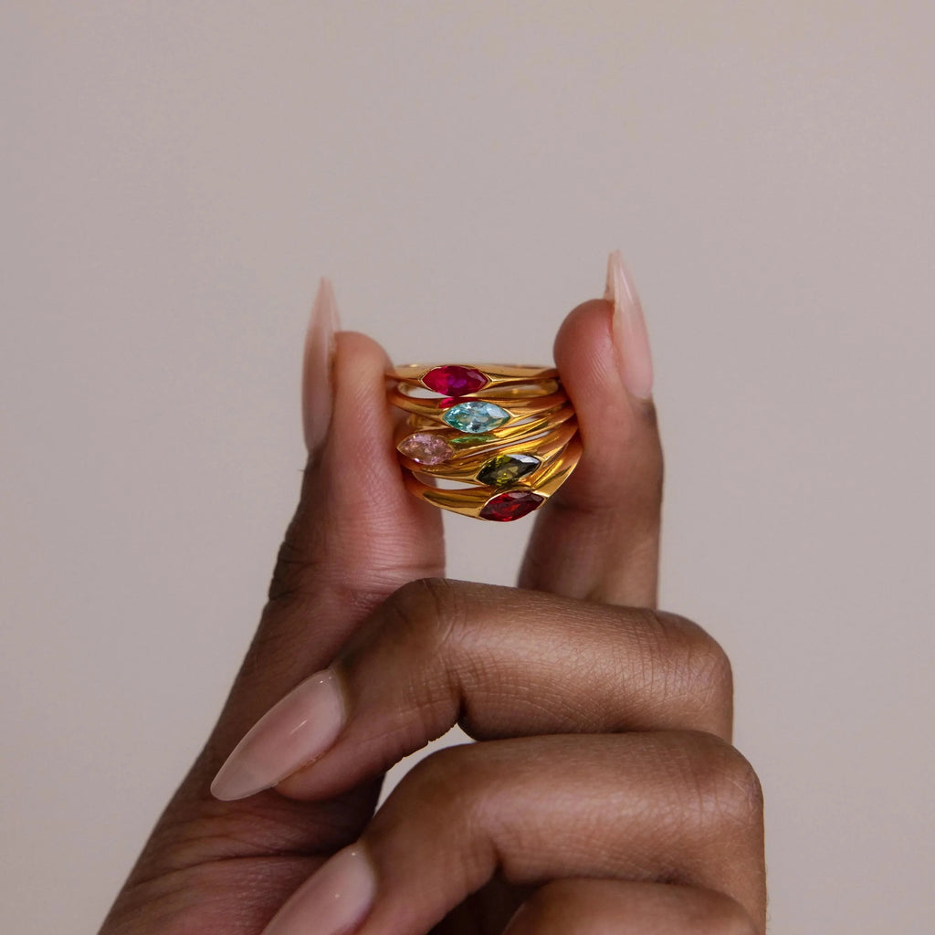 Marquise Birthstone Signet Ring Silver 18K Gold Plated