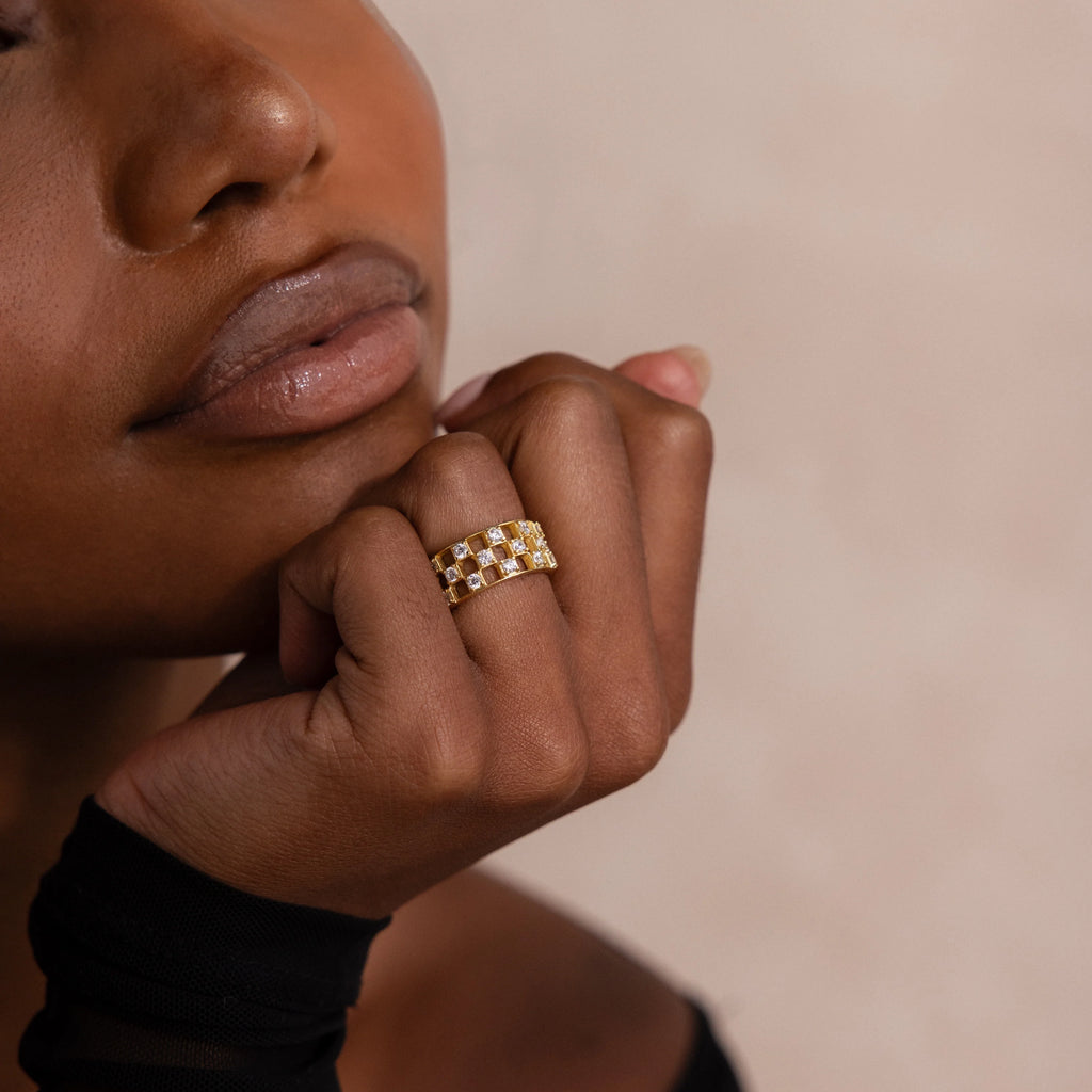 Lace Checkered Ring Silver 18K Gold Plated