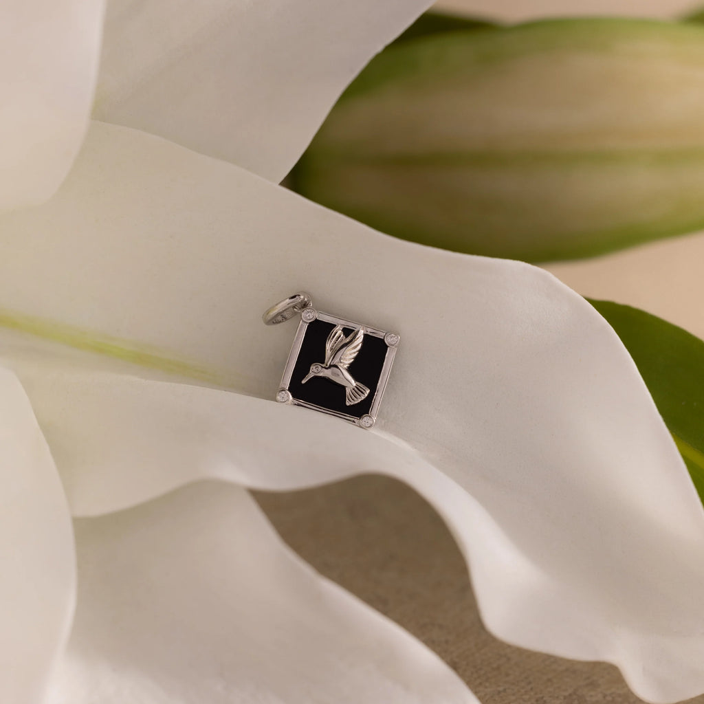 Diamonds Onyx Hummingbird Charm Silver 18K Gold Plated