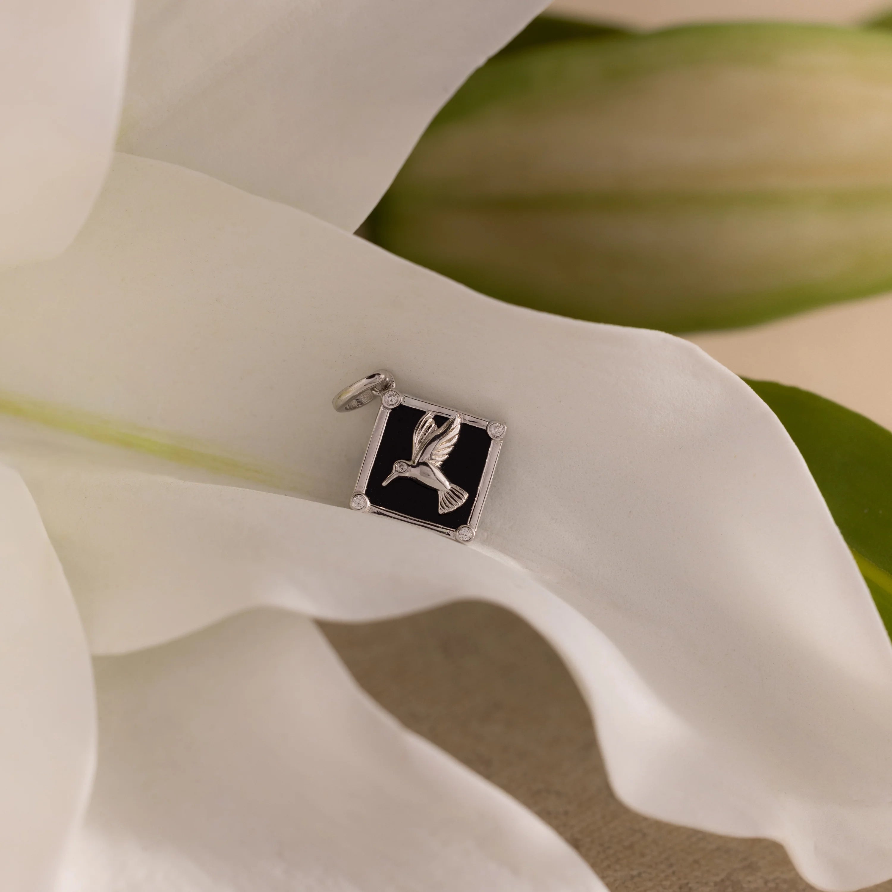 Diamonds Onyx Hummingbird Charm Silver 18K Gold Plated