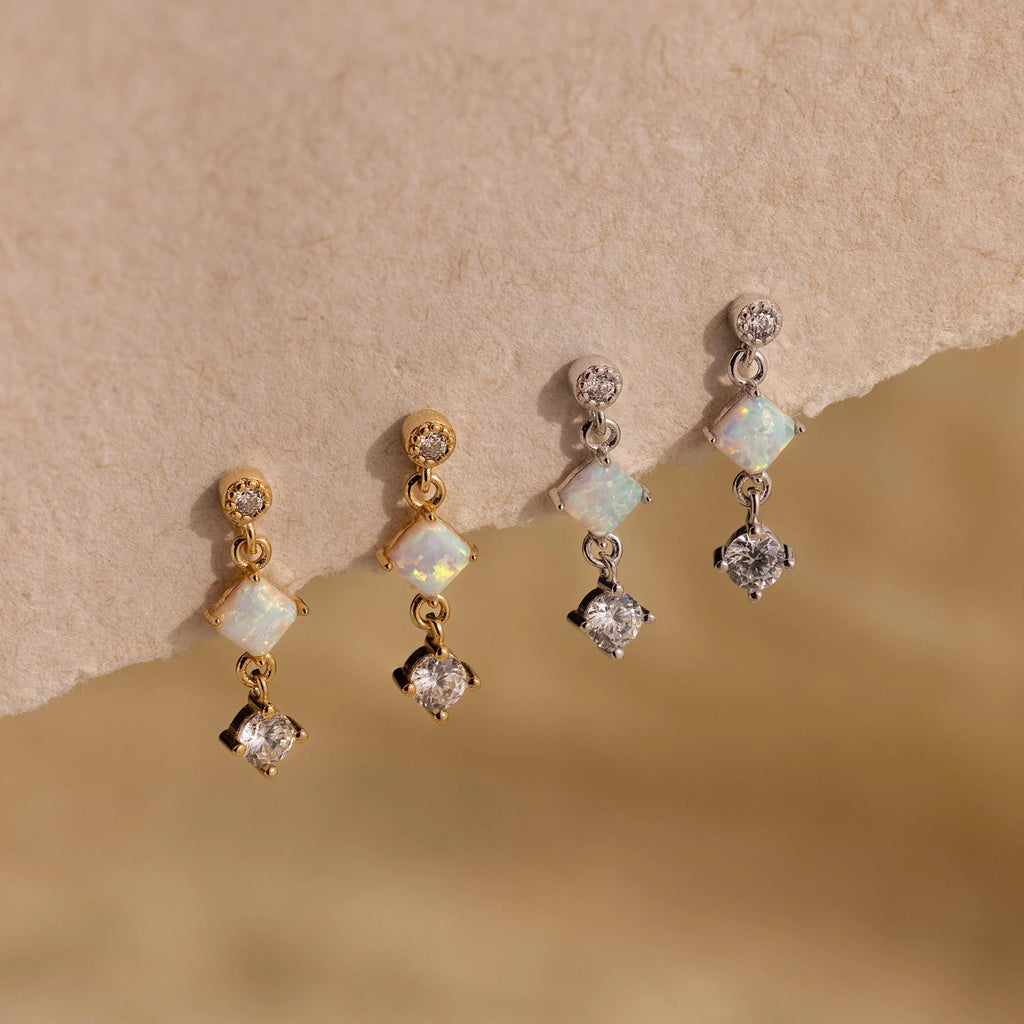 Opal & Diamond Drop Studs Silver 18K Gold Plated