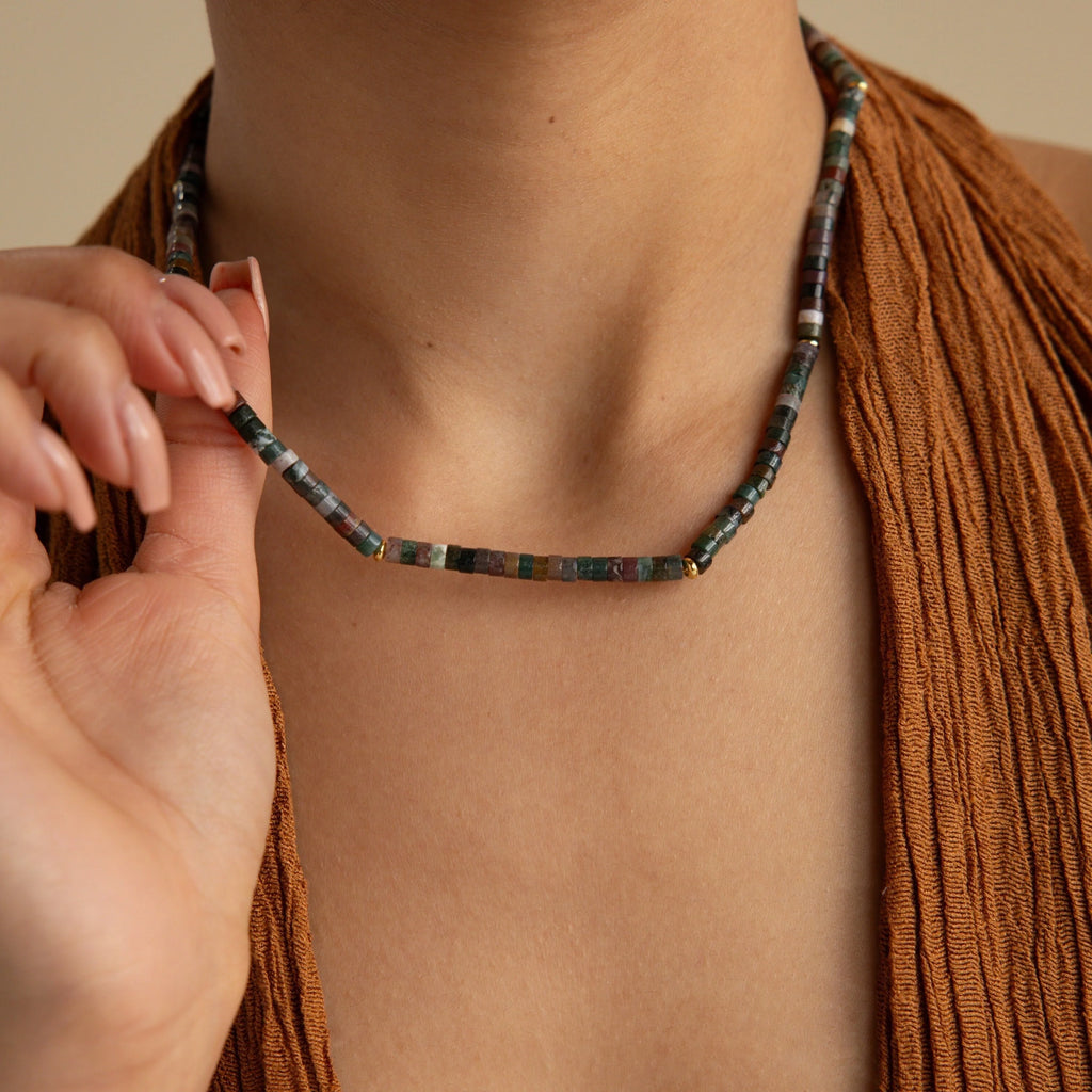 Moss Agate Beaded Necklace Silver 18K Gold Plated