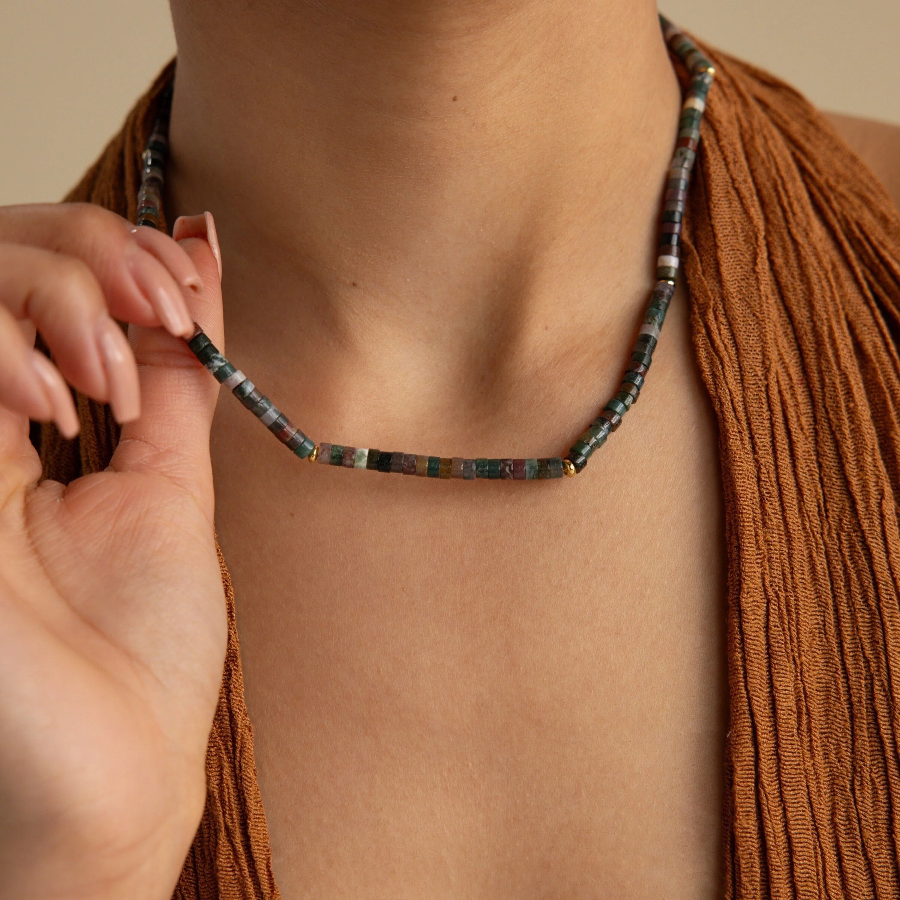 Moss Agate Beaded Necklace Silver 18K Gold Plated