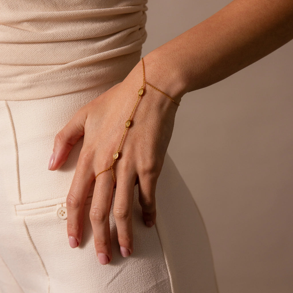 Moonstone Hand Chain Bracelet Silver 18K Gold Plated