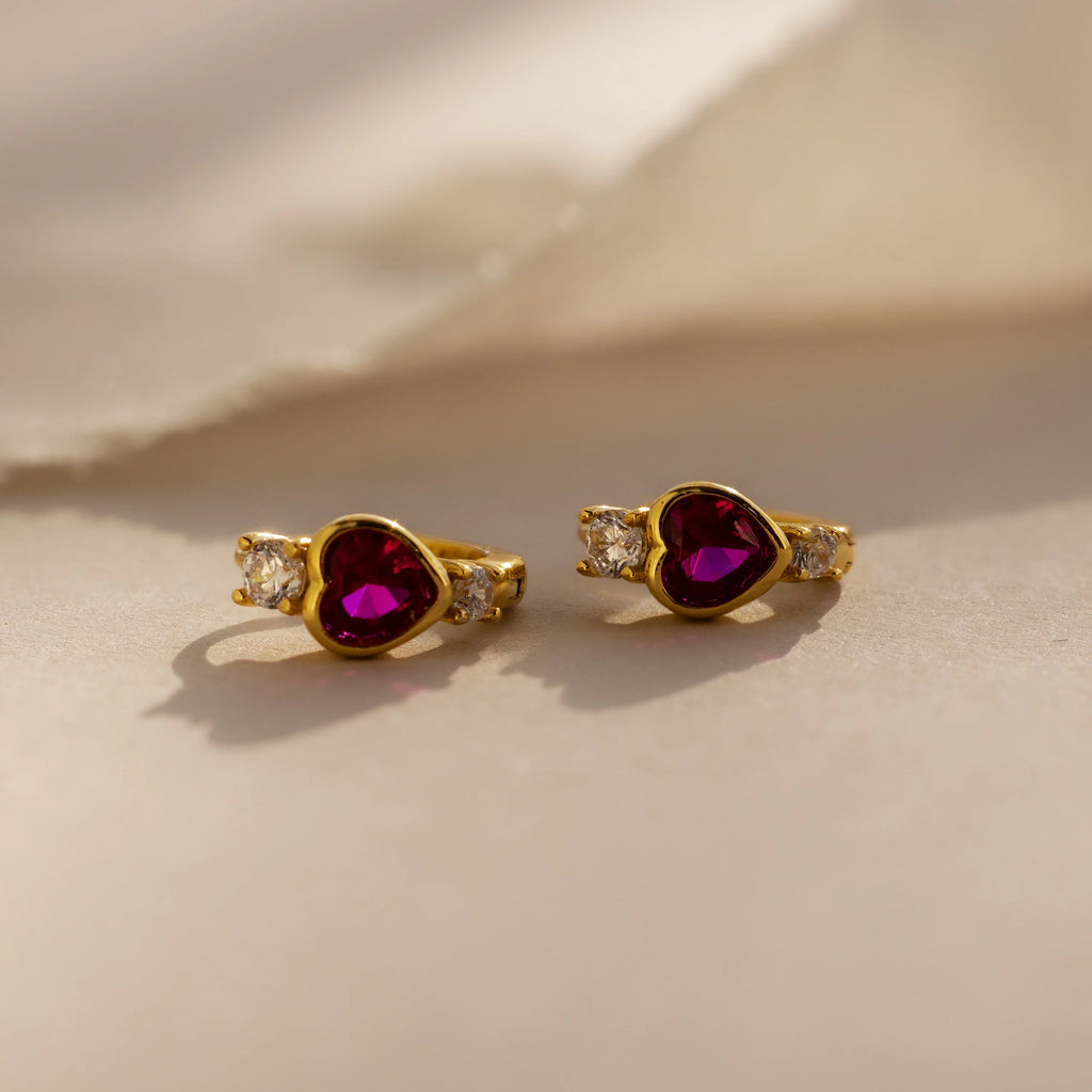 Diamond Ruby Heart Hoops Silver 18K Gold Plated