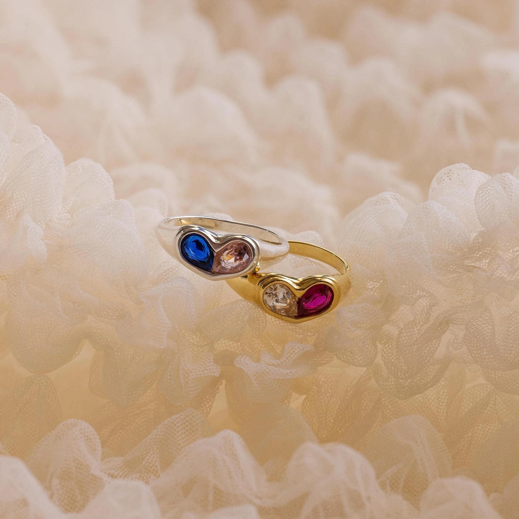 Duo Birthstone Heart Signet Ring Silver 18K Gold Plated