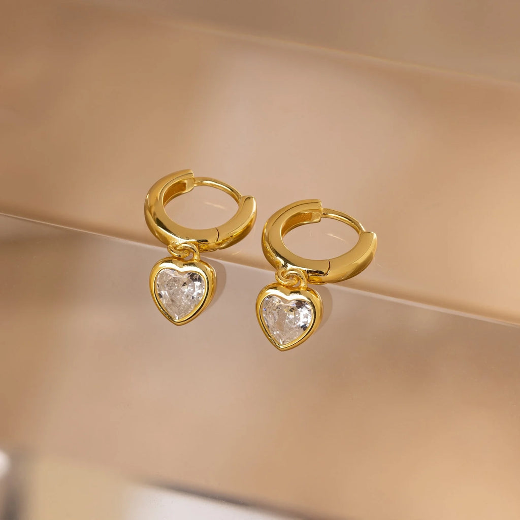 Diamond Heart Drop Huggies Silver 18K Gold Plated