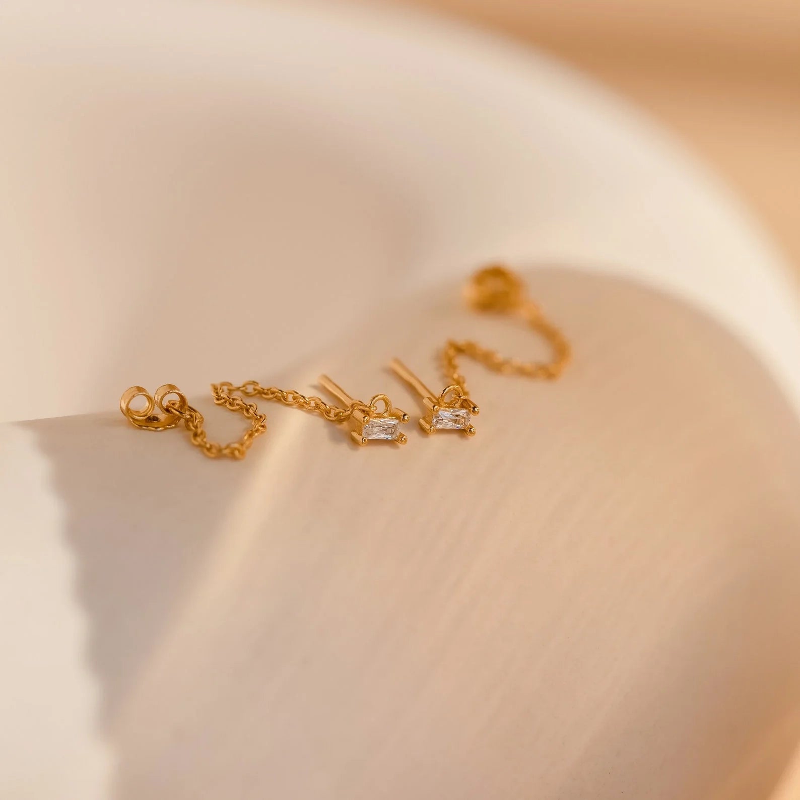 Diamond Baguette Chain Studs Silver 18K Gold Plated