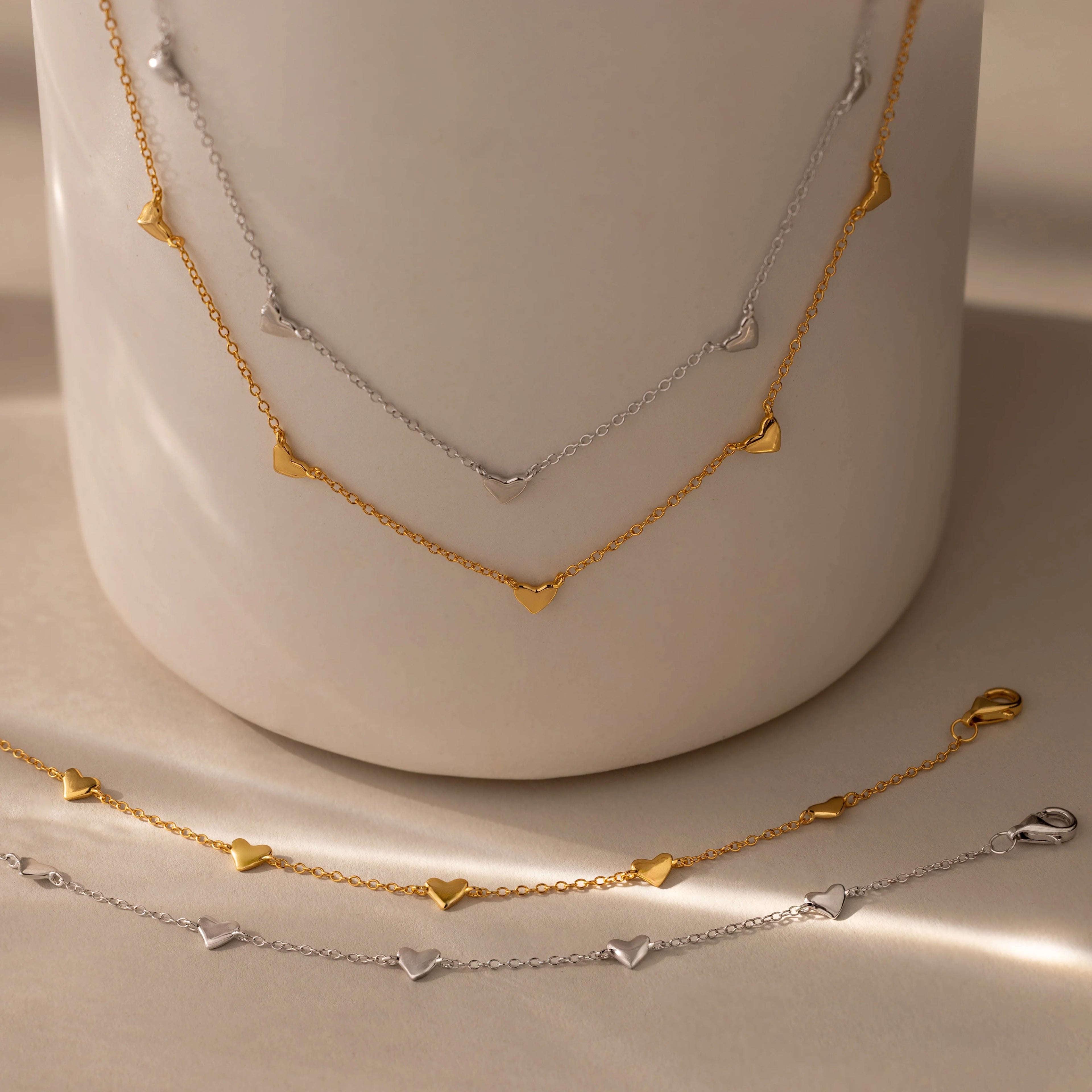 Heart Station Necklace & Bracelet Set Silver 18K Gold Plated