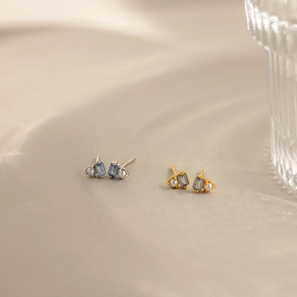 Baguette Aquamarine Pearl Studs Silver 18K Gold Plated