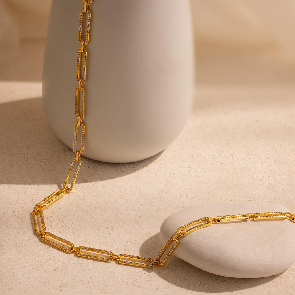 Diamond Link Chain Necklace Silver 18K Gold Plated