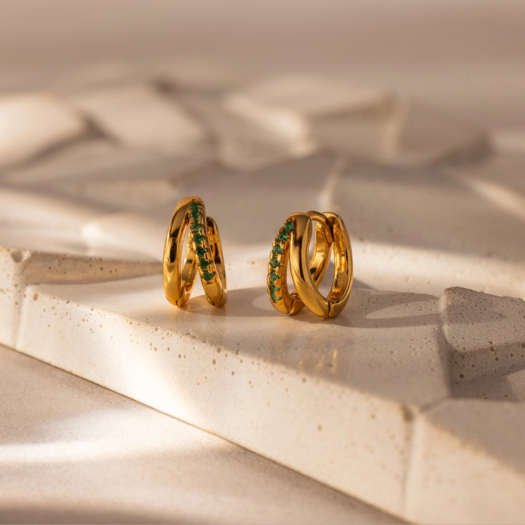 Amelia Duo Emerald Huggies Silver 18K Gold Plated