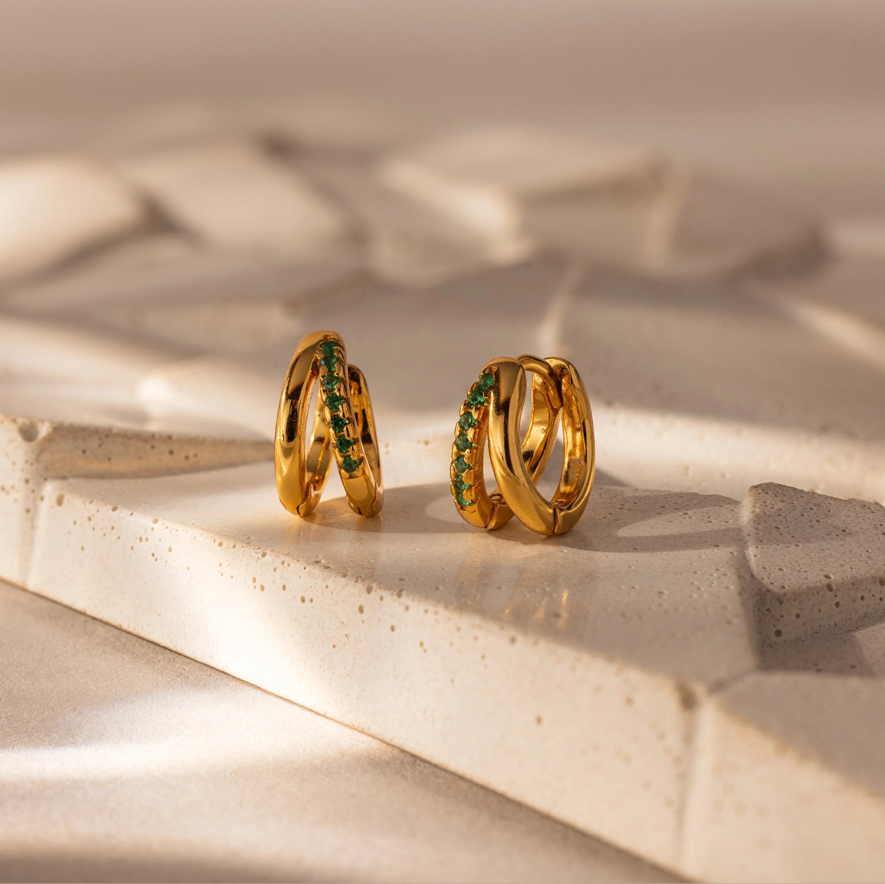 Amelia Duo Emerald Huggies Silver 18K Gold Plated