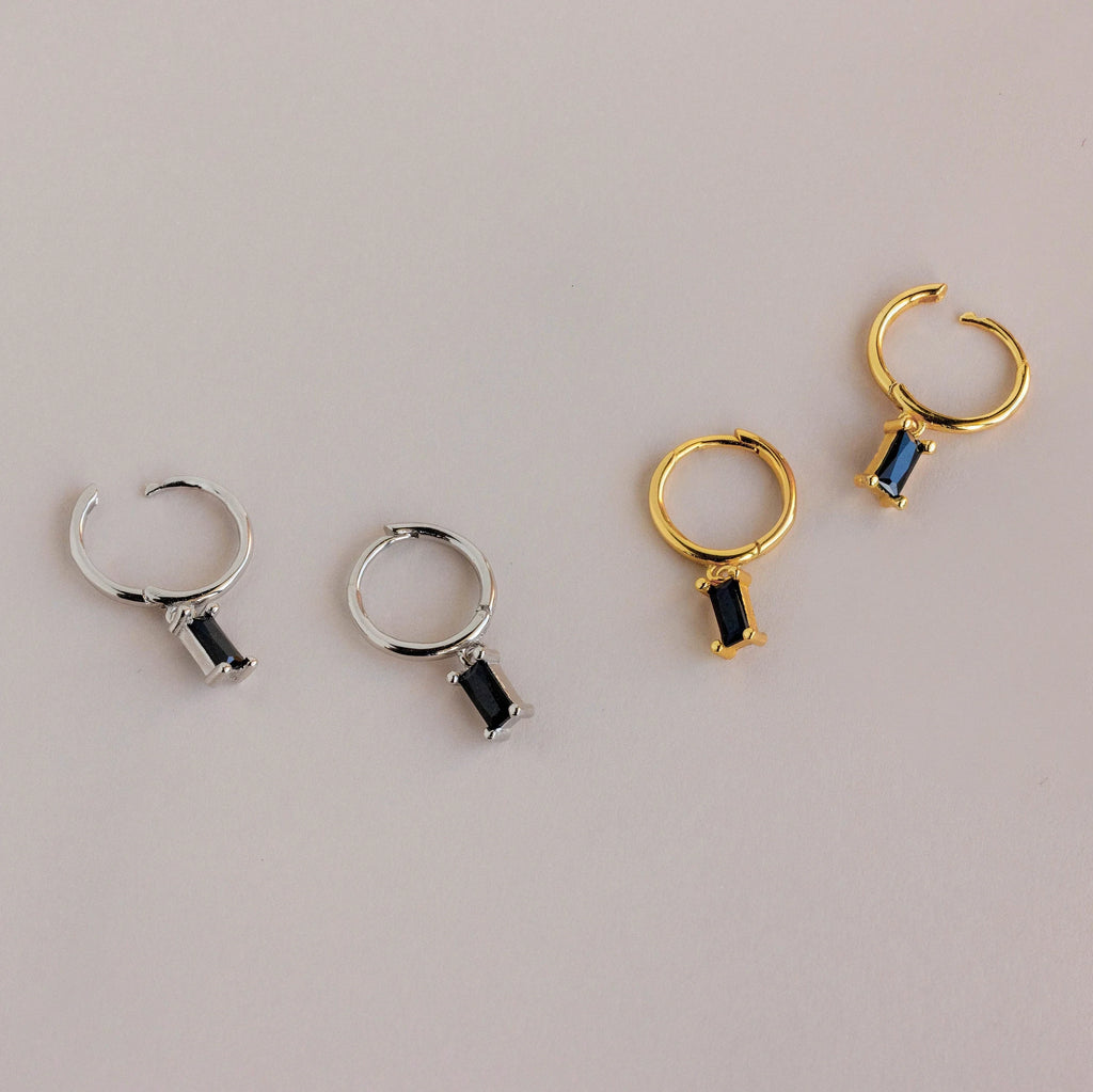 Onyx Baguette Drop Huggies Silver 18K Gold Plated