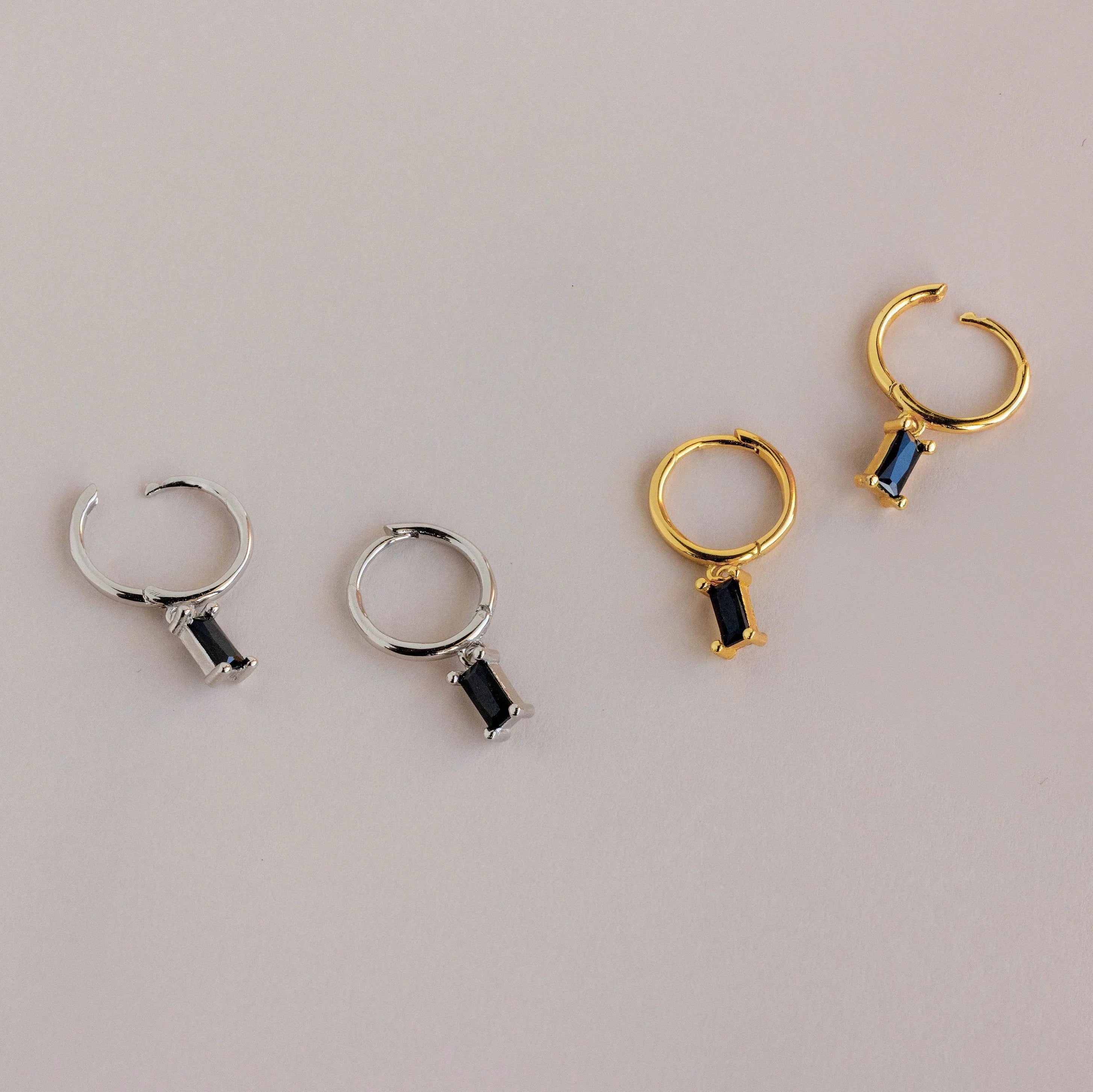 Onyx Baguette Drop Huggies Silver 18K Gold Plated