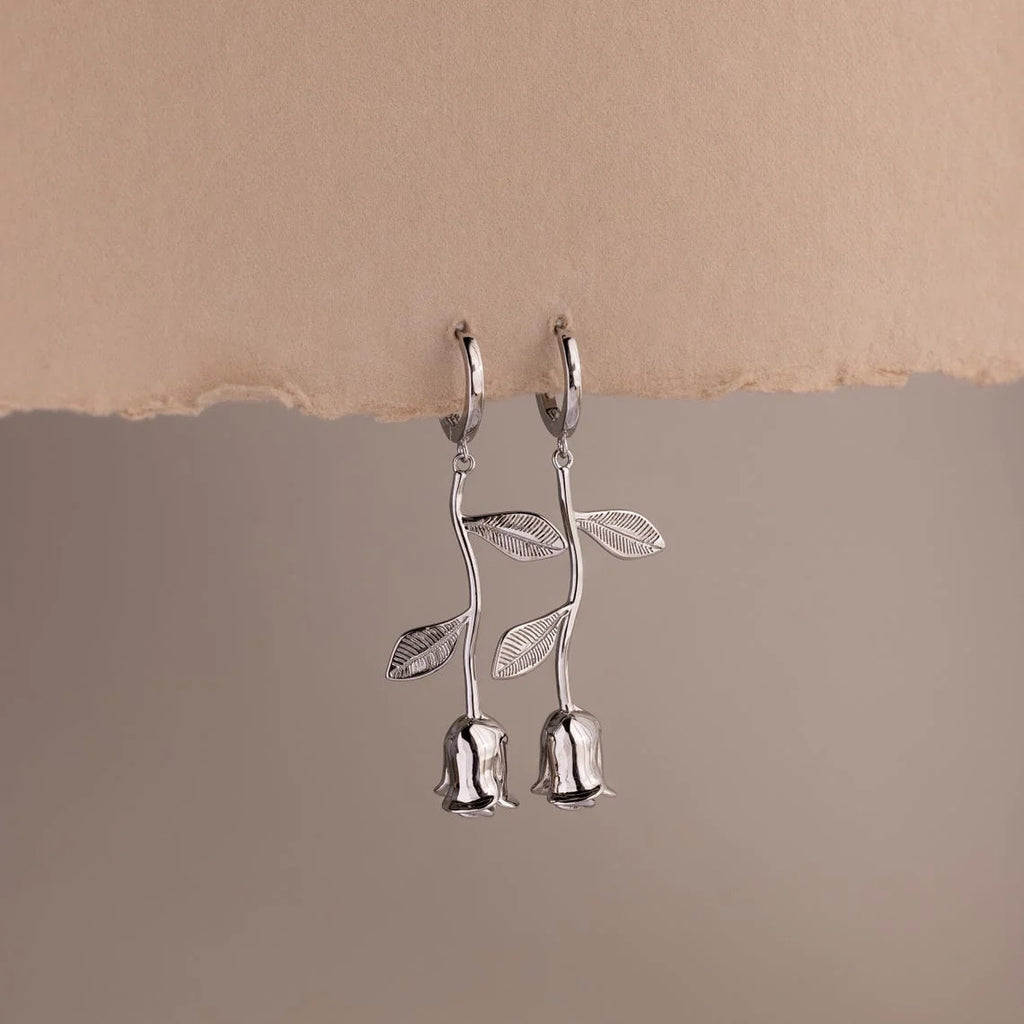 Dangling Rose Charms Huggie Earrings Studs Silver 18K Gold Plated