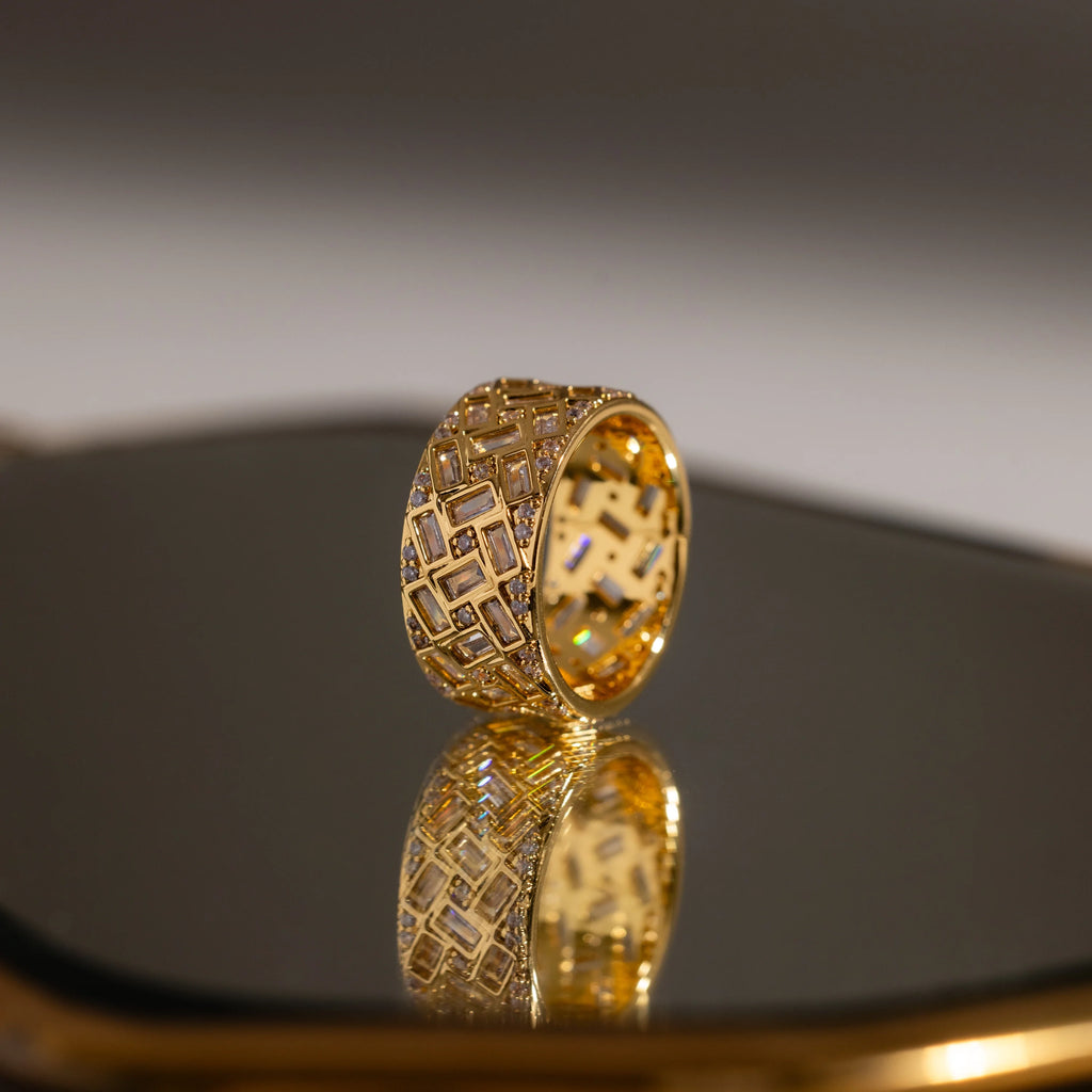 Round & Baguette Diamond Ring Silver 18K Gold Plated