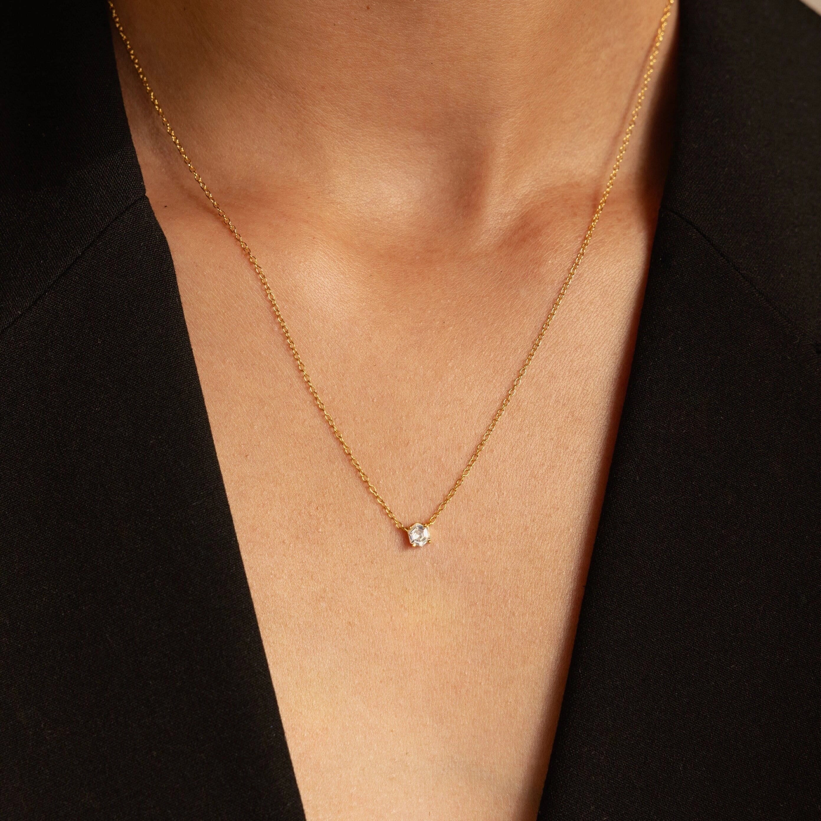 Hexagonal Diamond Charm Necklace Silver 18K Gold Plated