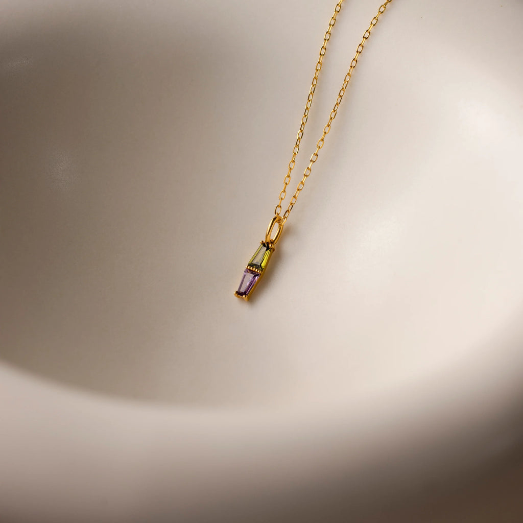Toi et Moi Tapered  Baguette Birthstone Necklace Silver 18K Gold Plated