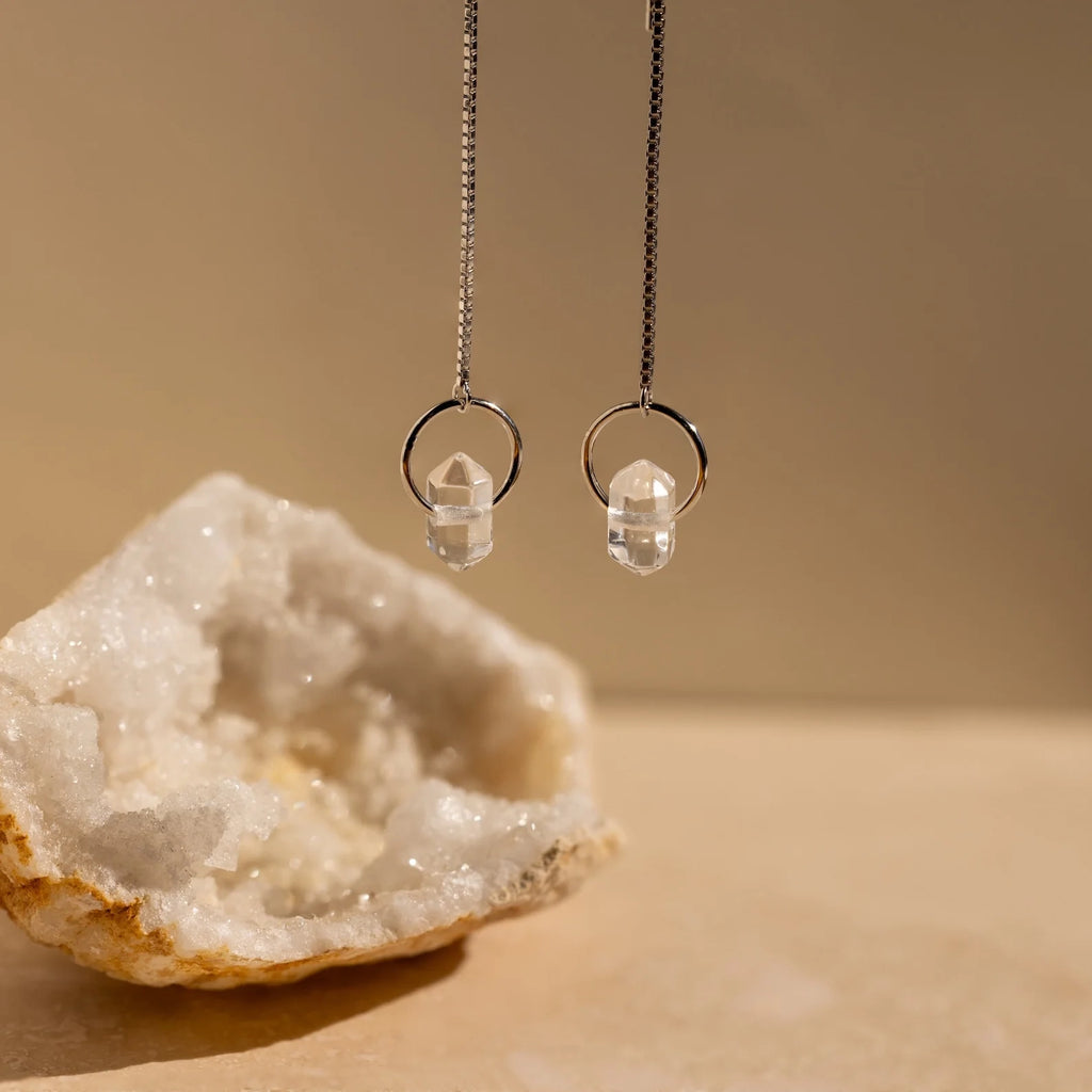 Herkimer Diamond Threader Earrings Silver 18K Gold Plated