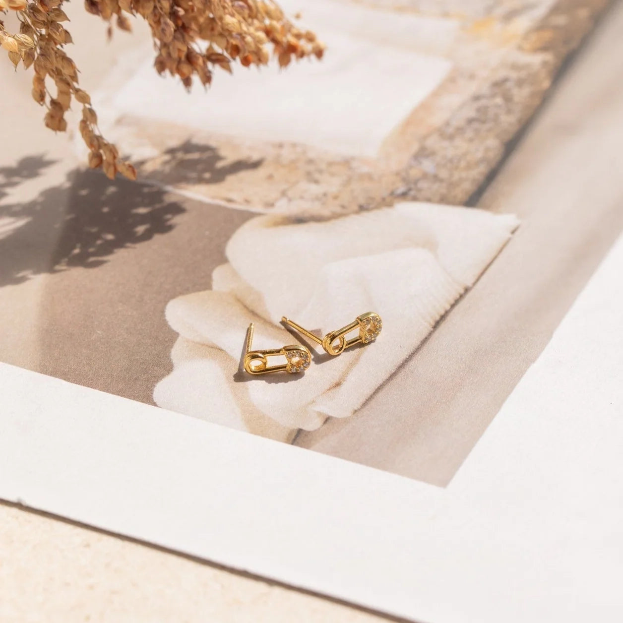 Tiny Pave Safety Pin Studs Silver 18K Gold Plated