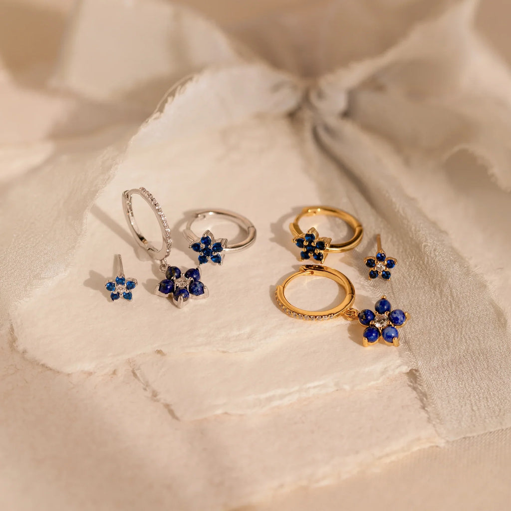 Sapphire Flower Earrings Set Silver 18K Gold Plated