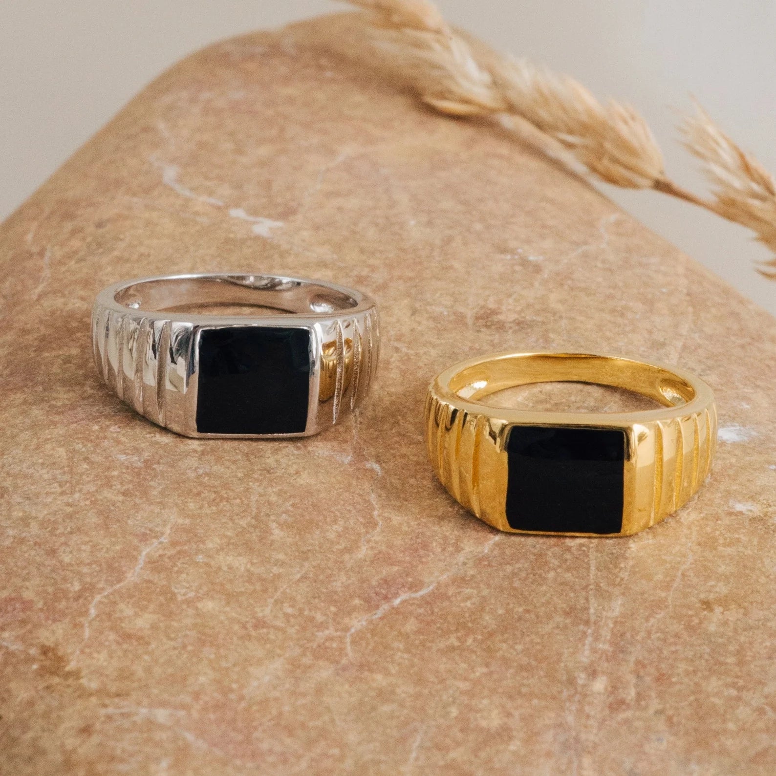 Black Enamel Signet Ring Silver 18K Gold Plated