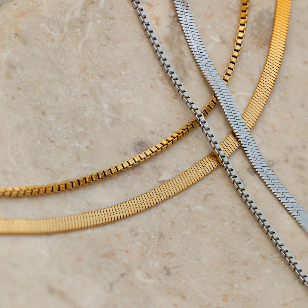 Herringbone Duo Chain Necklace Silver 18K Gold Plated