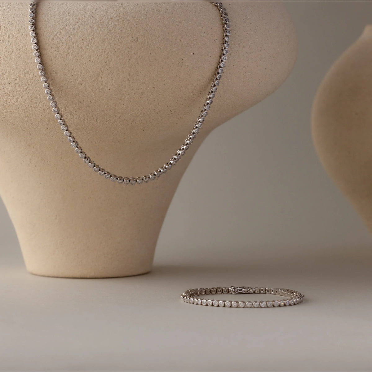 Diamond Bezel Tennis Necklace & Bracelet Set Silver 18K Gold Plated
