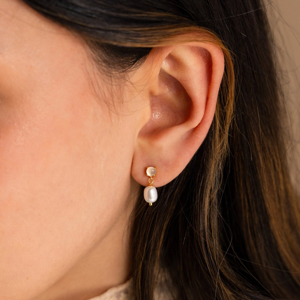 Moonstone Pearl Drop Earrings Silver 18K Gold Plated