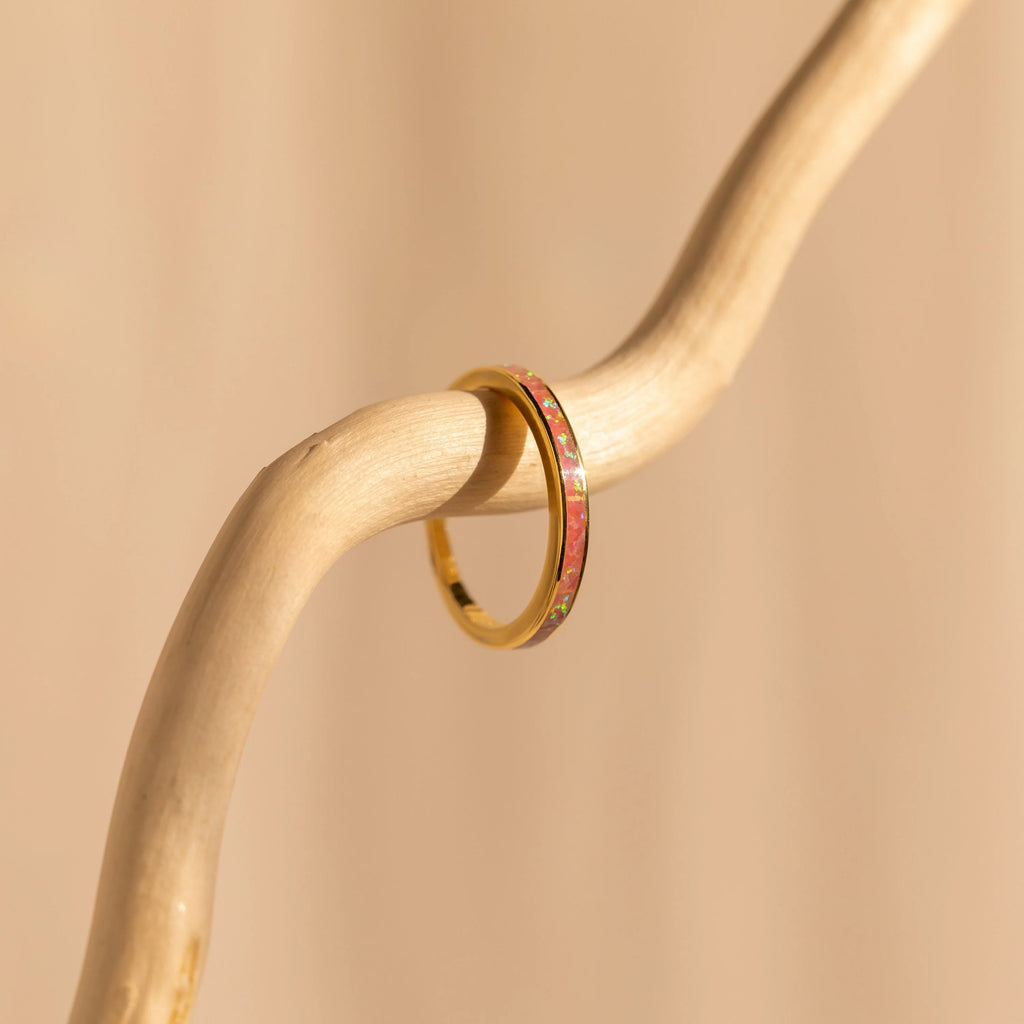 Pink Opal Inlay Band Silver 18K Gold Plated
