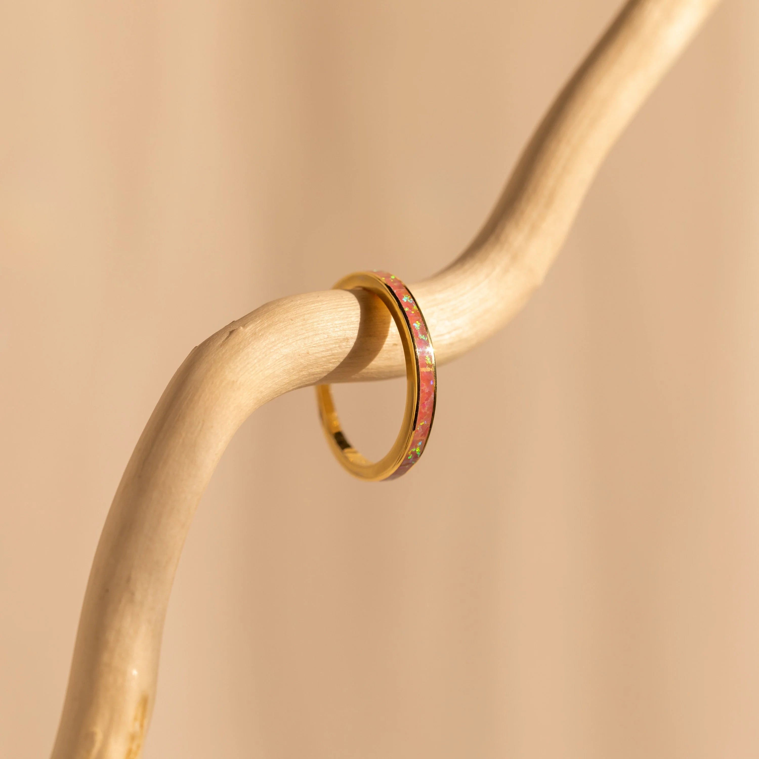 Pink Opal Inlay Band Silver 18K Gold Plated
