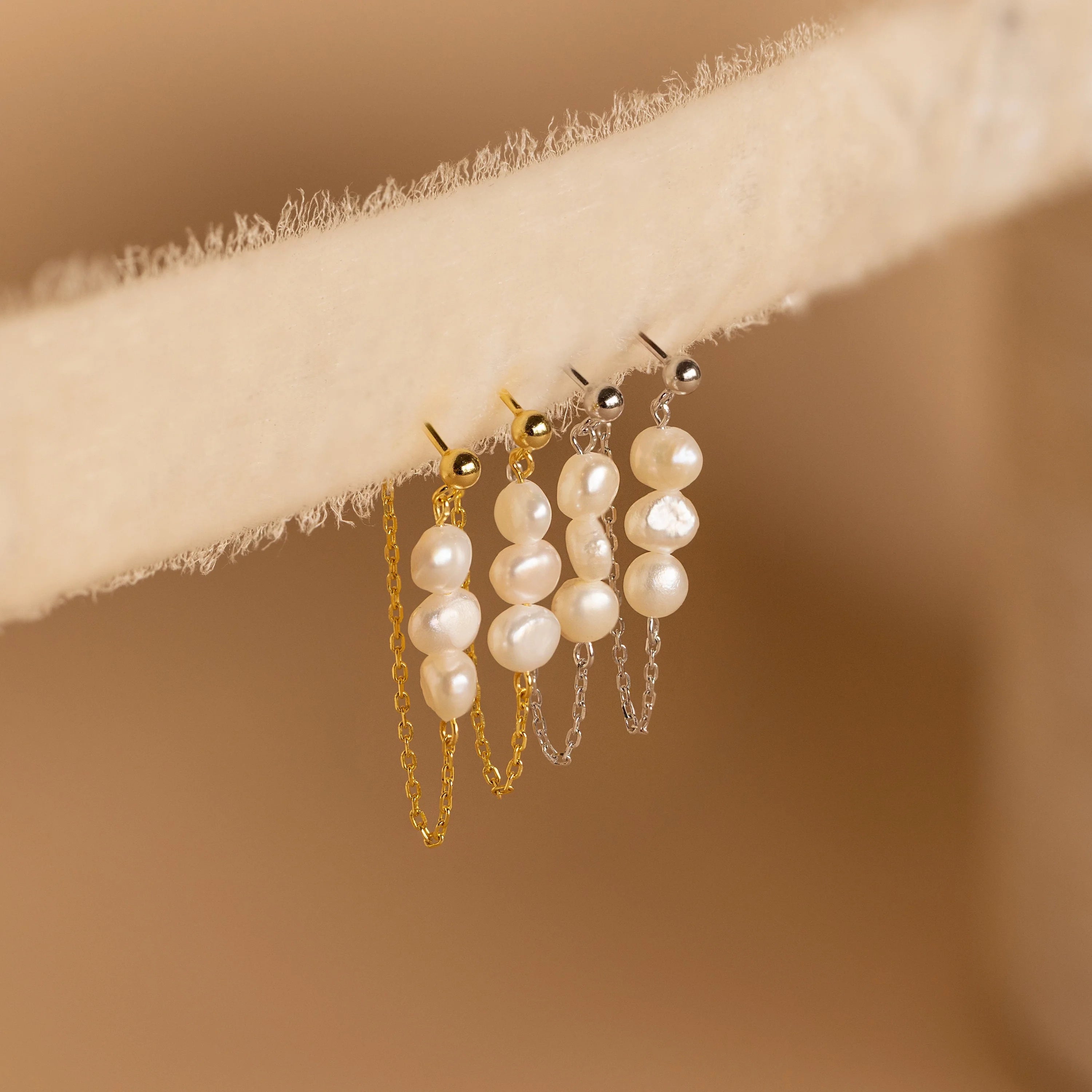 Triple Pearl Drop Earrings Silver 18K Gold Plated
