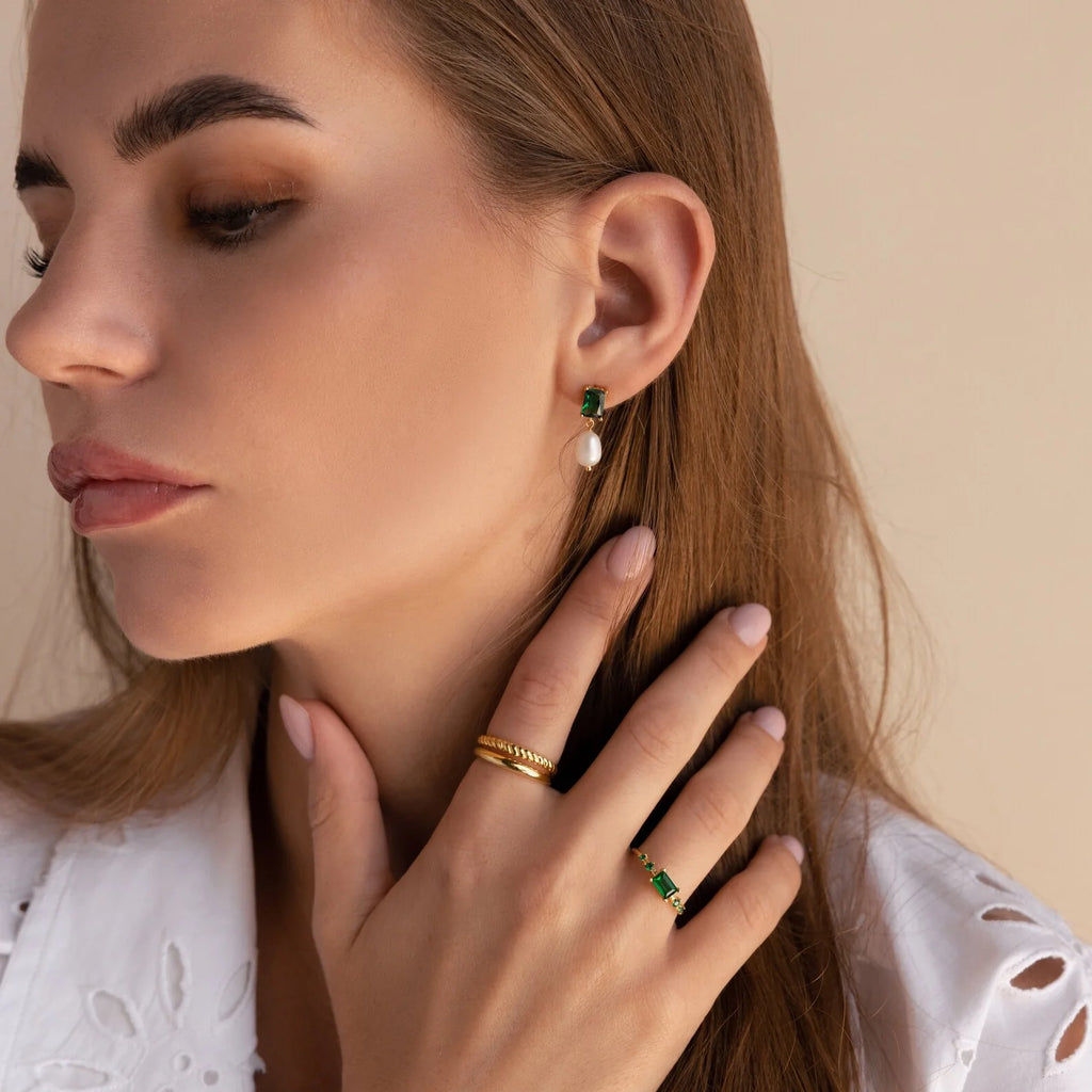 Emerald Pearl Drop Earrings Silver 18K Gold Plated