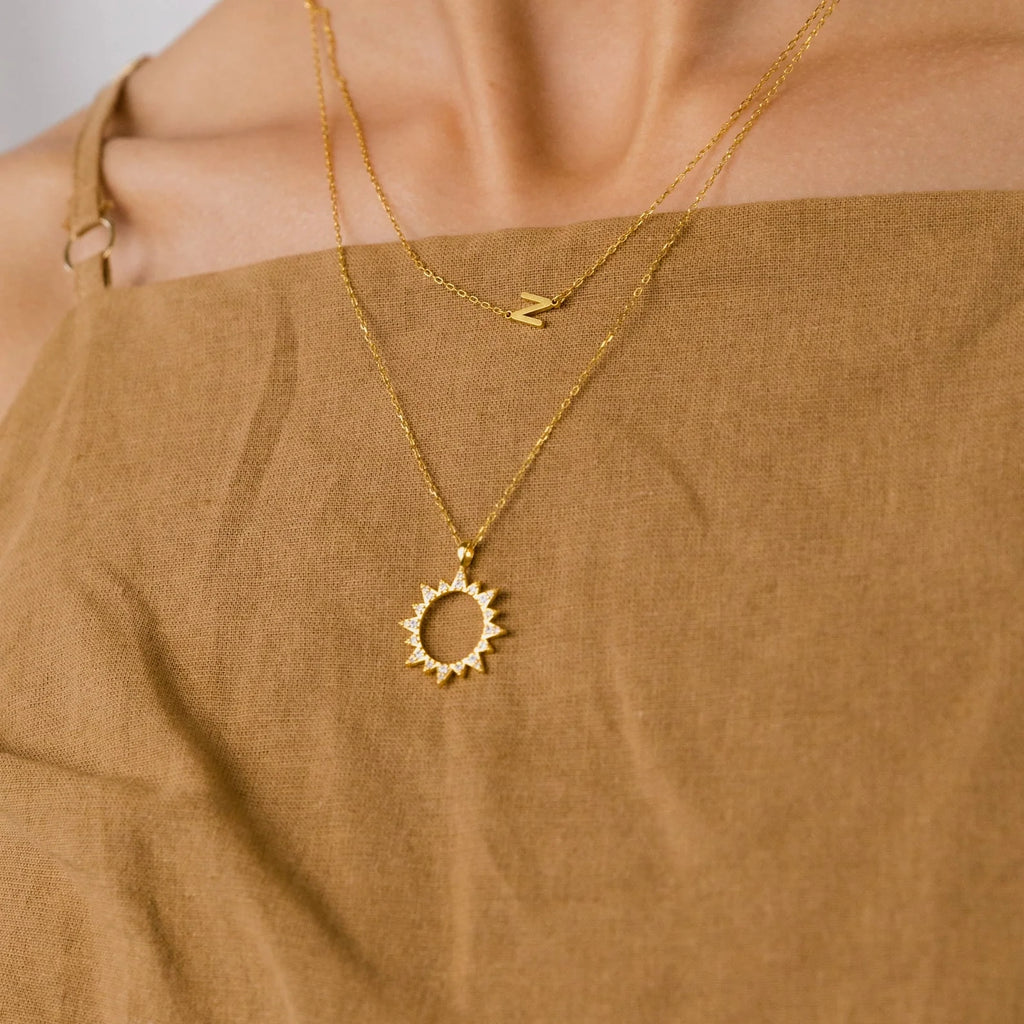 Pave Sun Charm Necklace Silver 18K Gold Plated