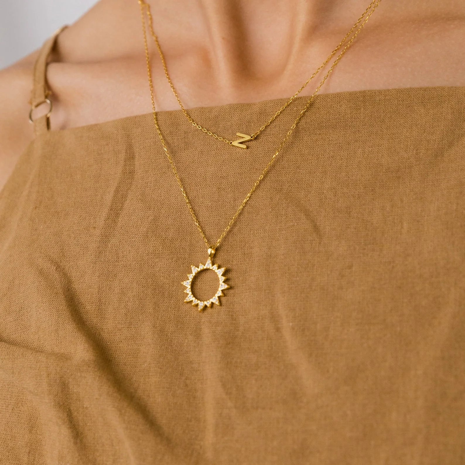 Pave Sun Charm Necklace Silver 18K Gold Plated