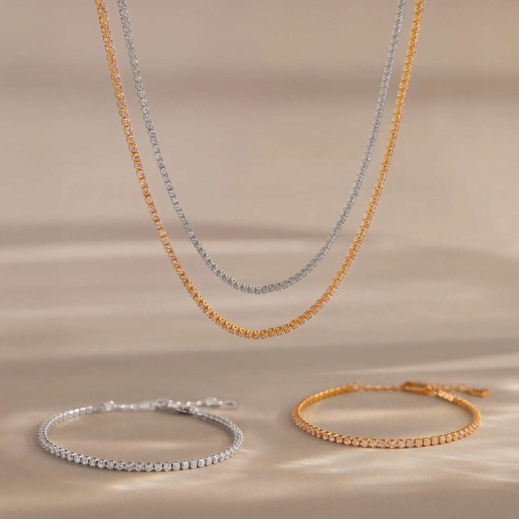 Dainty Diamond Tennis Necklace & Bracelet Set Silver  18K Gold Plated