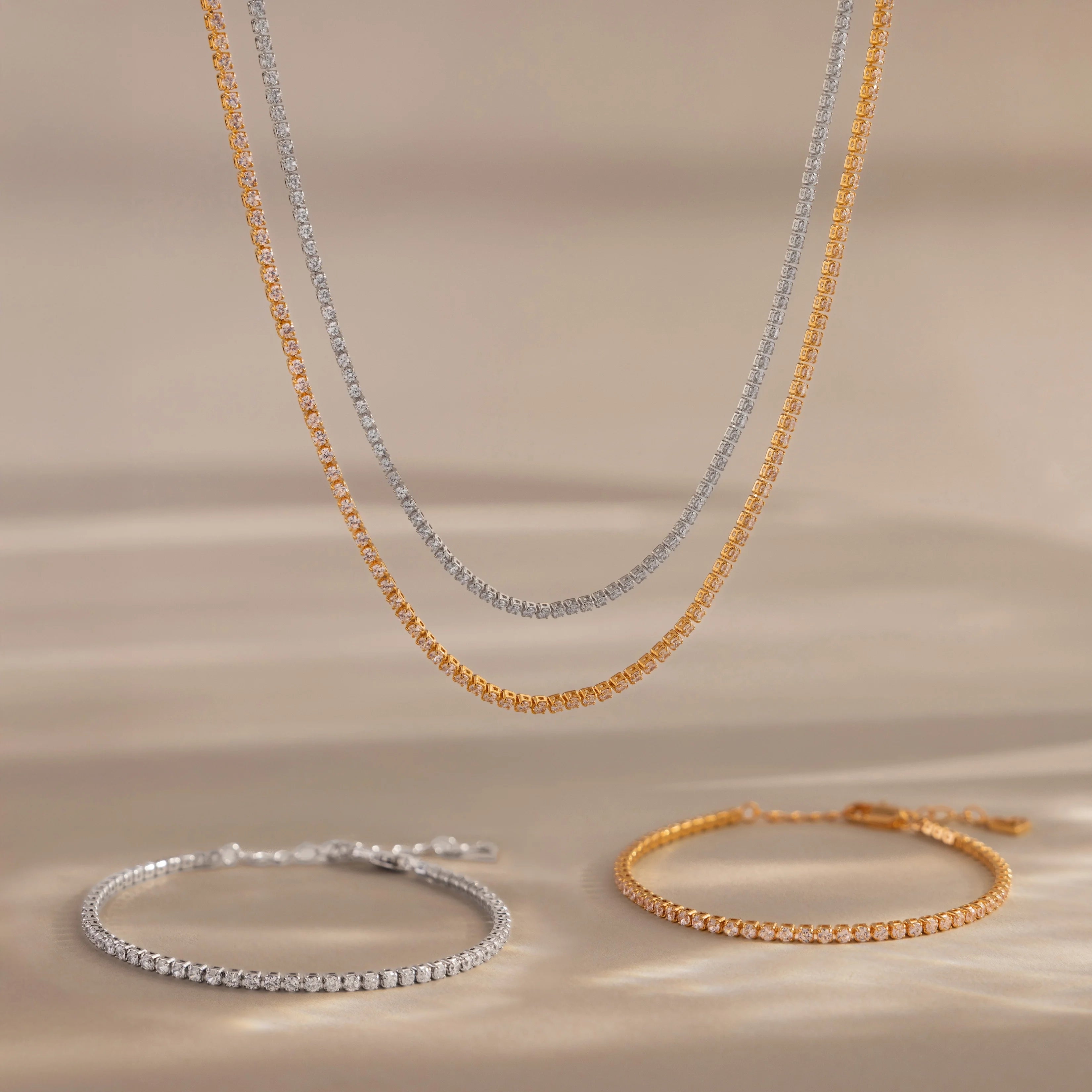 Dainty Diamond Tennis Necklace & Bracelet Set Silver  18K Gold Plated