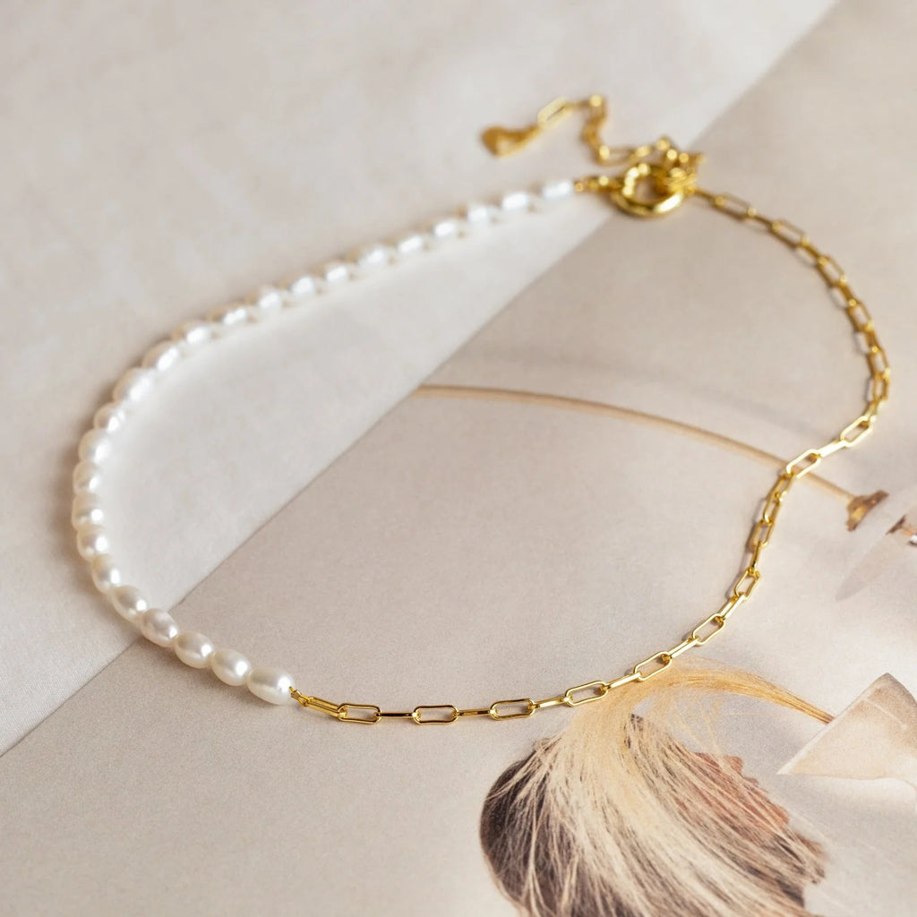 Pearl & Paperclip Chain Necklace Silver 18K Gold Plated