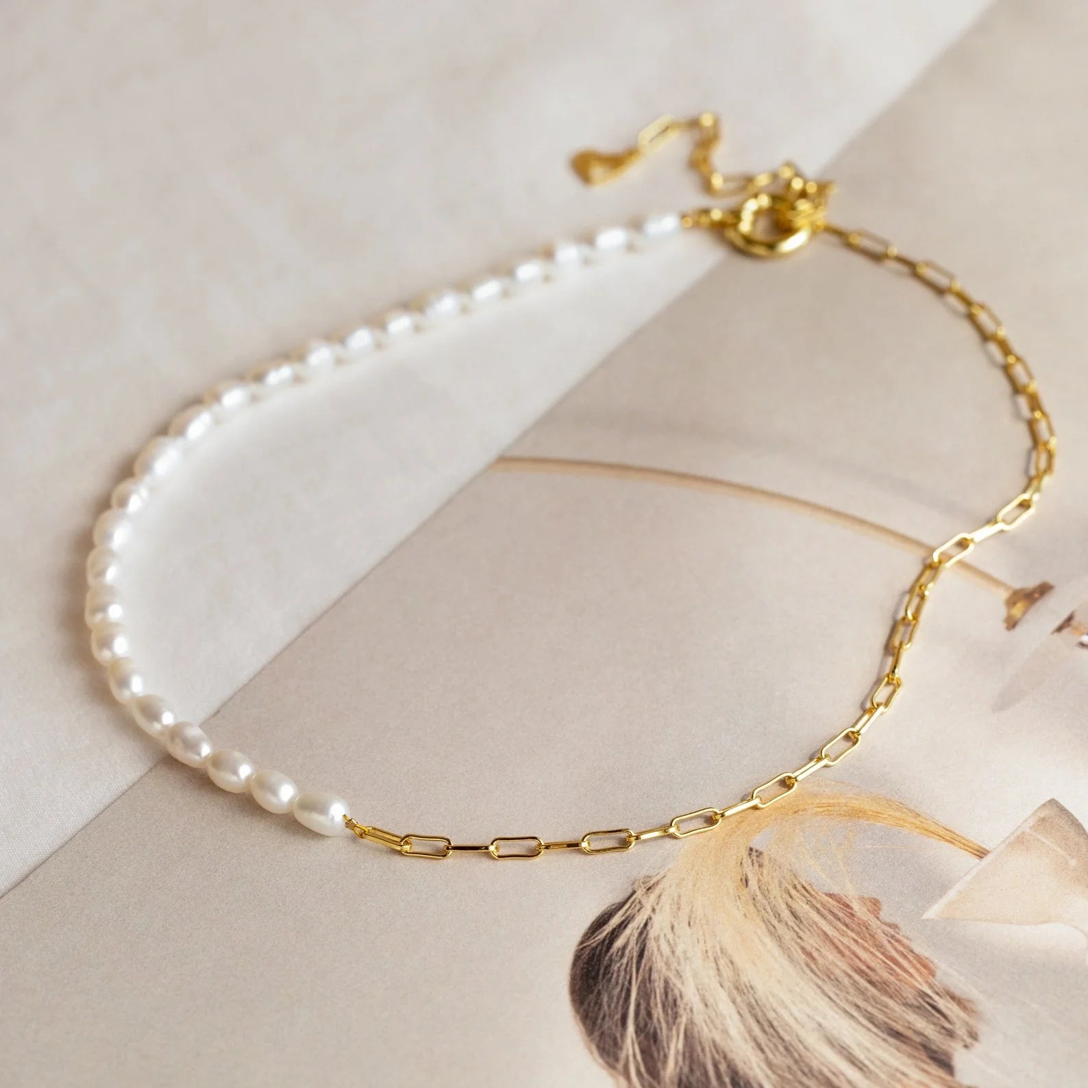 Pearl & Paperclip Chain Necklace Silver 18K Gold Plated