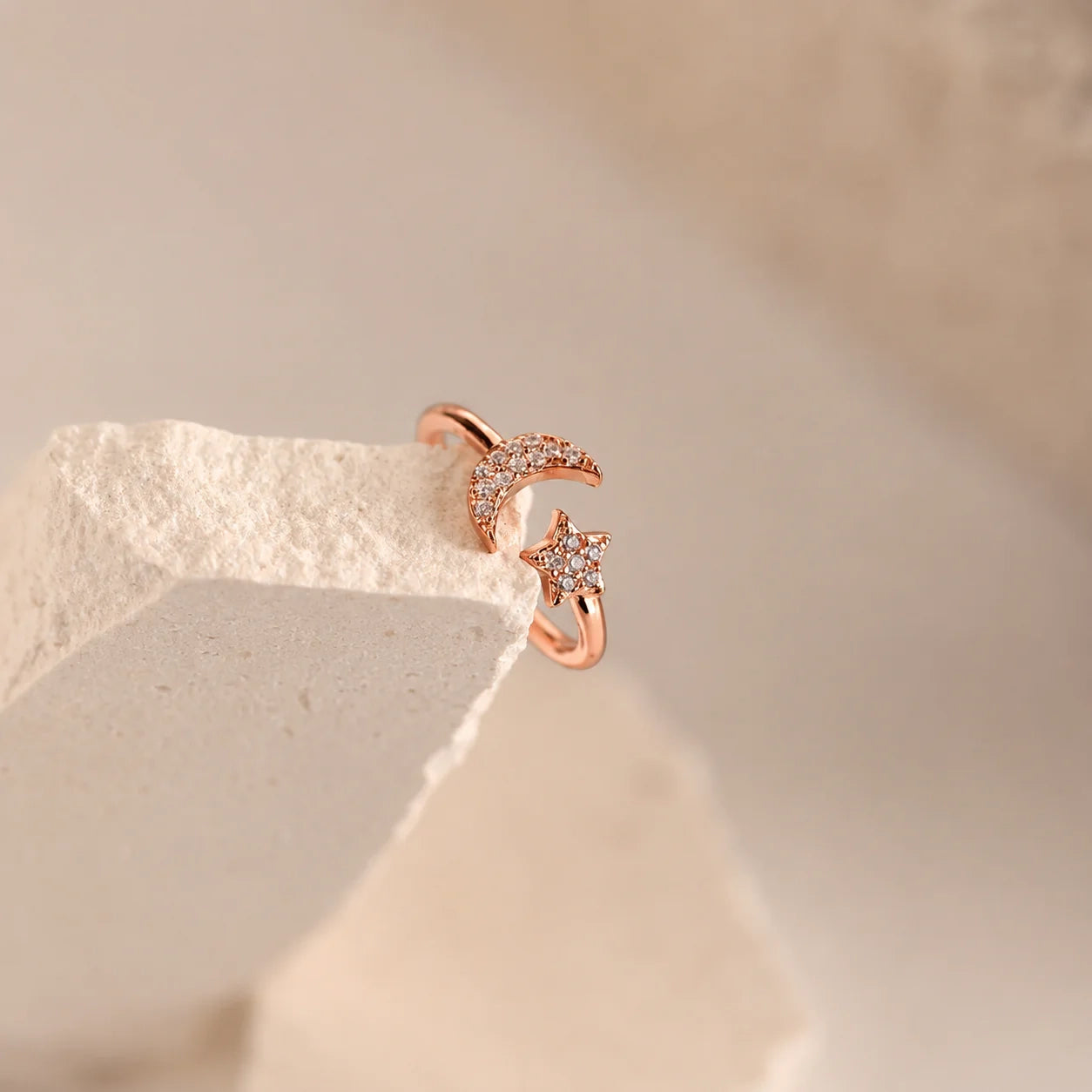 Pave Star and Moon Ring: Sterling Silver with 18K Gold Finish and Celestial Design