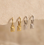 Art Deco Diamond Tag  Charm Huggies Silver 18K Gold Plated