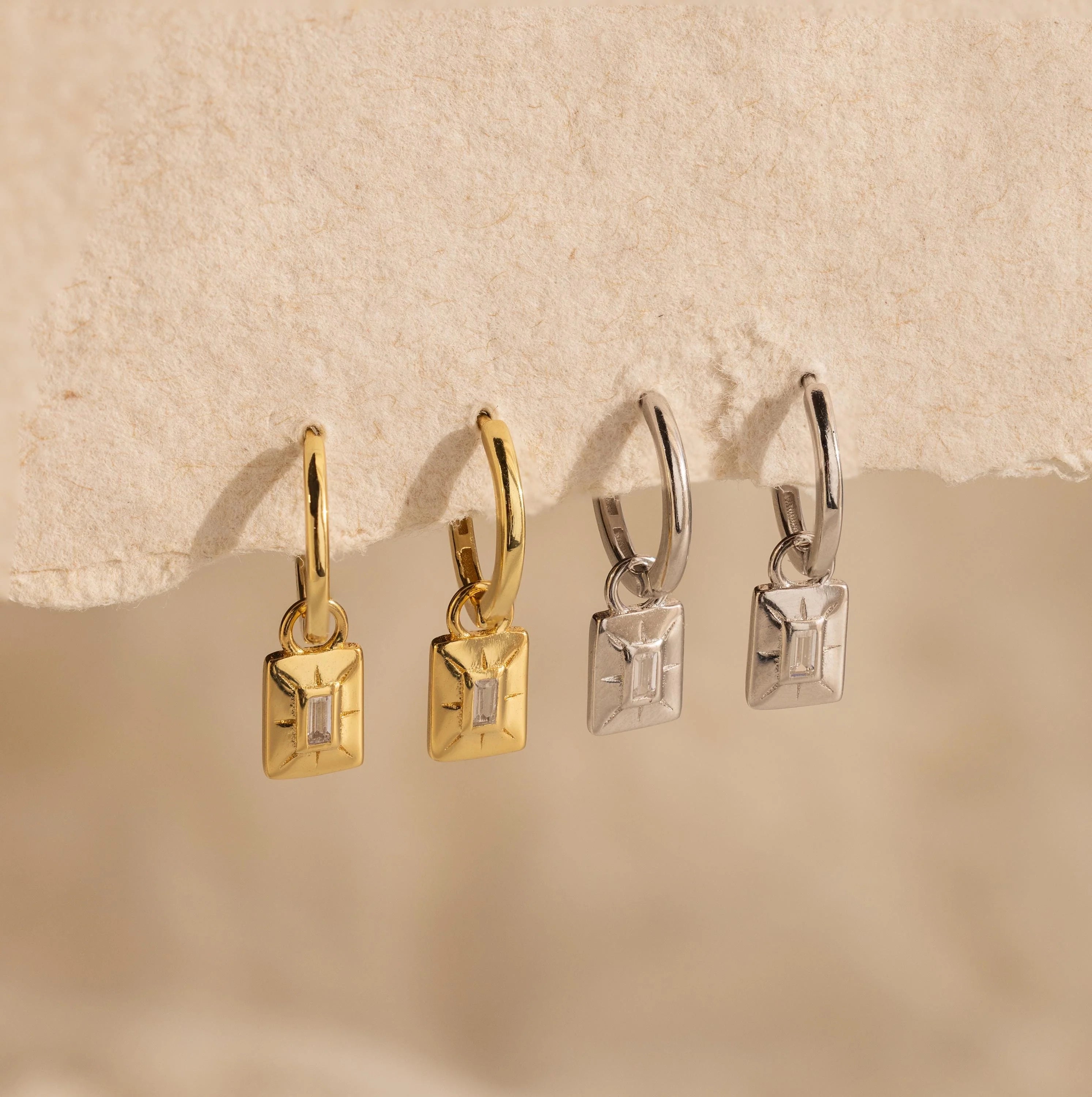 Art Deco Diamond Tag  Charm Huggies Silver 18K Gold Plated