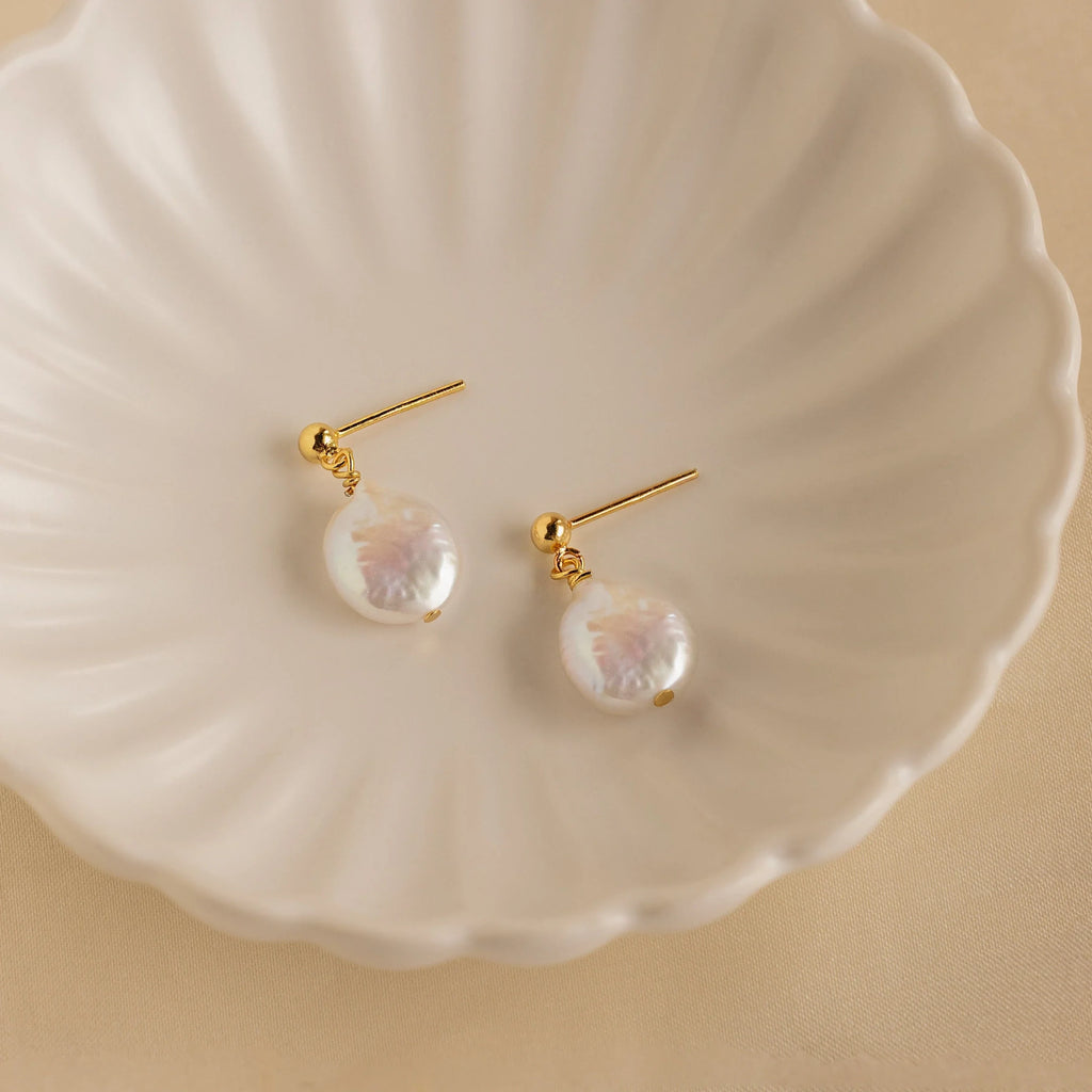 Round Pearl Drop Earrings Silver 18K Gold Plated