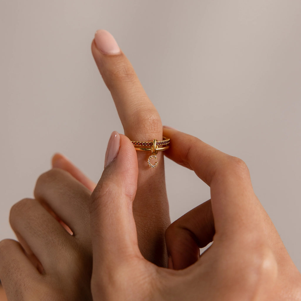 Initial Ruby Linked Ring Set Silver 18K Gold Plated